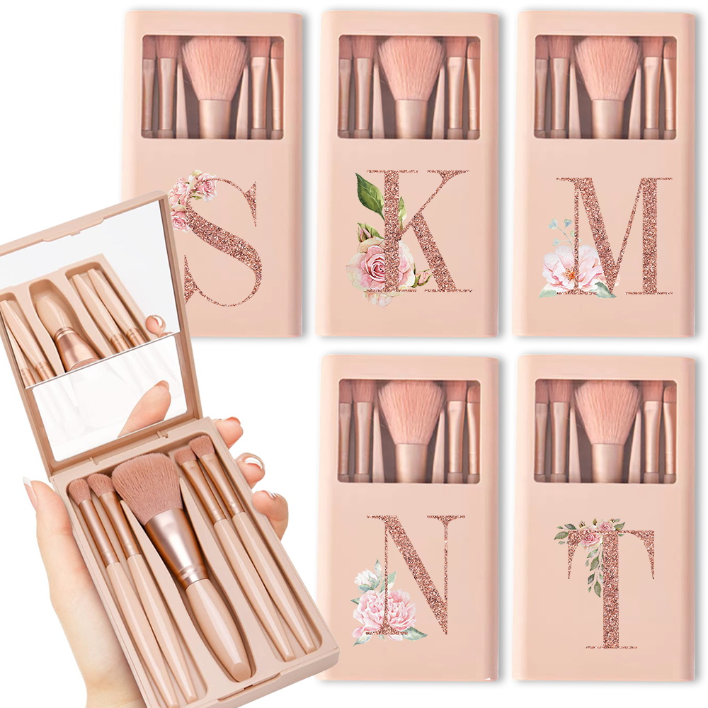 Makeup Beauty Set - 5pcs Cosmetic Brush Kit With Mirror